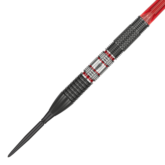 Das Bild zeigt einen Target Gabriel Clemens 95K Swiss Point Steeldart. Der Dart hat ein modernes Design mit schwarzen, silbernen und roten Akzenten.