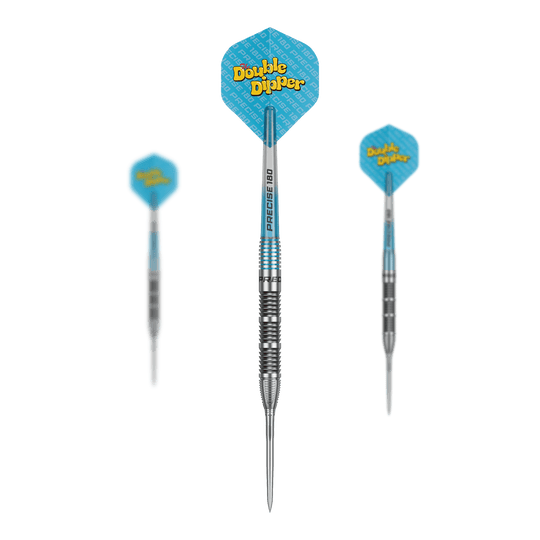 Precise 180 Bela Schugmann Double Dipper V1 stalen dartpijlen Das Bild zeigt ein Set der Precise 180 Bela Schugmann Double Dipper V1 Steeldarts. Das Set ist ideal für Dartliebhaber.