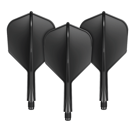 GOAT A1R No6 Flight Shaft-systeem - Zwart Das Bild zeigt drei schwarze Dart-Flights mit integriertem Shaft. Sie sind nebeneinander angeordnet und verfügen über einen kurzen Schaft mit Schraubgewinde.
