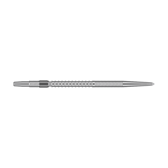 Target Swiss Firepoint Zilveren dartpunten Das Bild zeigt eine silberne Dartspitze mit einem gerillten, strukturierten Design. Sie ist lang und schmal, mit einer spitzen Spitze am rechten Ende.
