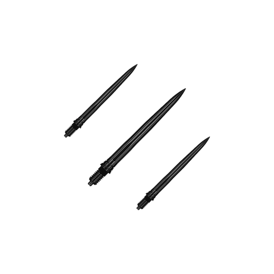 Caliburn EZ-EVO dartpunten - Glad - Zwart Hier sind EVO181 Caliburn EZ-EVO Dartspitzen Smooth Schwarz 28mm als Set dargestellt. Die Dartspitzen sind schwarz und haben eine glatte Oberfläche.