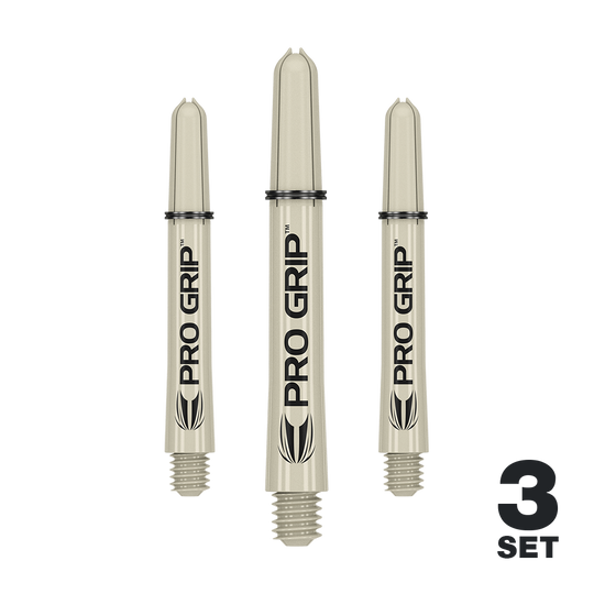Das Bild zeigt drei beige Dartschäfte mit der Aufschrift "PRO GRIP". In der rechten unteren Ecke steht "3 SET".