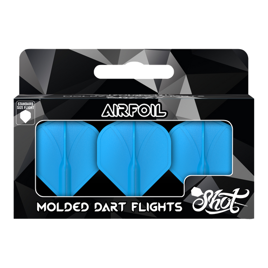 Shot Airfoil Molded No2 Standaard Vluchten Das Bild zeigt eine Packung mit drei blauen, geformten Dart-Flights der Marke Shot. Auf der Verpackung steht "Airfoil" und "Molded Dart Flights".