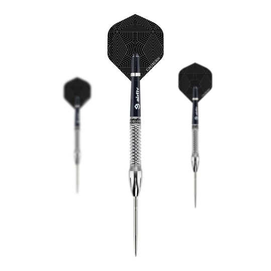 Caliburn Wolfpack W4 stalen dartpijlen - 20g Das Bild zeigt drei Steeldarts des Produkts „Caliburn Wolfpack W4 Steeldarts - 20g“. Die Darts haben silberne Spitzen und Schäfte sowie schwarze Flights mit geometrischem Muster.