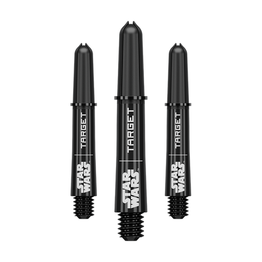 Target Star Wars ProGrip Shafts - Zwart Abgebildet ist das Produkt mit dem Dateinamen 380420_Target_StarWars_ProGrip_Shafts_Schwarz_Short_34mm_1Set. Vermutlich handelt es sich um schwarze ProGrip Shafts für Darts, Modell Star Wars, in kurzer Ausführung.