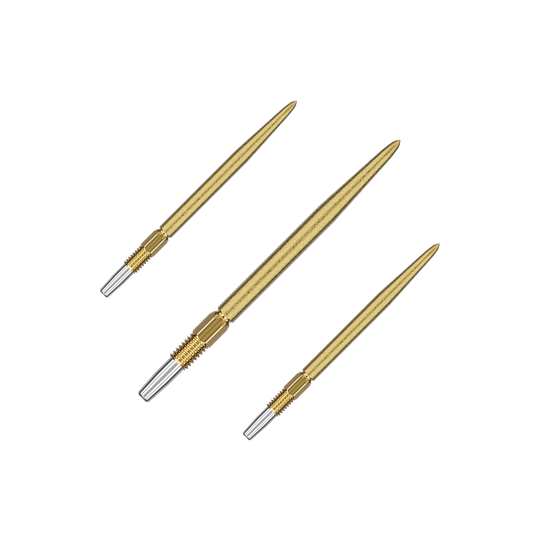 Das Bild zeigt drei goldfarbene Dartspitzen, die nebeneinander liegen. Die Spitzen haben ein schlankes, glänzendes Design mit silbernen Enden.