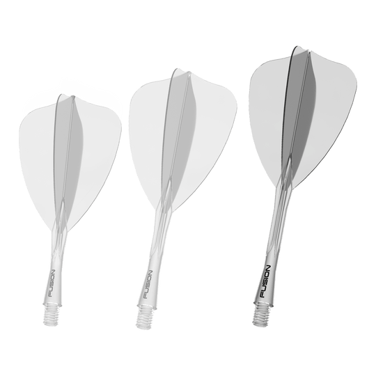 Das Bild zeigt ein Winmau Fusion Flight Shaft System in klarer 34mm Ausführung. Es handelt sich um einen Bestandteil für Dartpfeile.