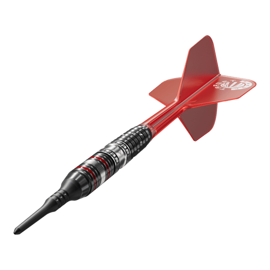 Das Bild zeigt einen Softdart der Serie "Target Japan Prime Series Diamond GEN3" mit einem Gewicht von 18g. Der Dart ist schwarz-silbern mit roten Akzenten und hat eine rote Flights.