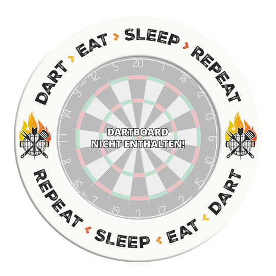 Auf diesem Bild steht der Text 'Dart Eat Sleep Repeat' in weiß auf einem Hintergrund. Das Bild ist wahrscheinlich ein Design oder Zubehör für Dartliebhaber.