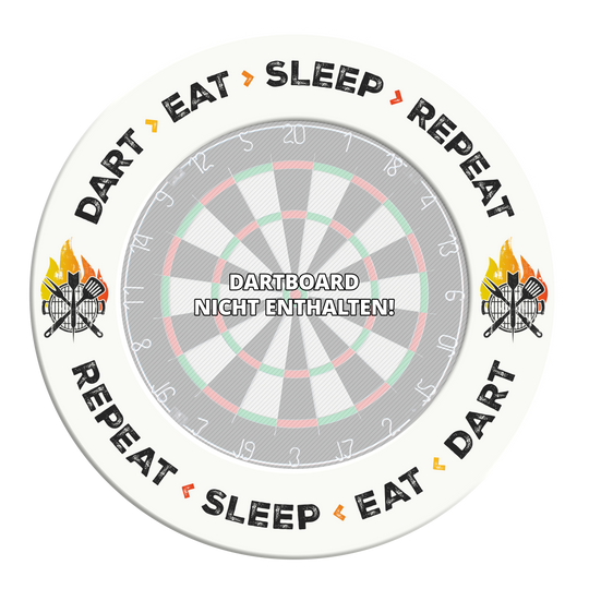 McDart Dartbord Surround - Dart Eat Sleep Repeat Auf diesem Bild steht der Text 'Dart Eat Sleep Repeat' in weiß auf einem Hintergrund. Das Bild ist wahrscheinlich ein Design oder Zubehör für Dartliebhaber.