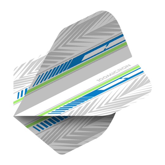 Pentathlon Flights wit/blauw/groen Mehrere Pentathlon Flights weiß/ blau/ farbig sind zusammen gezeigt. Die Ecken und Farbflächen sind deutlich sichtbar.