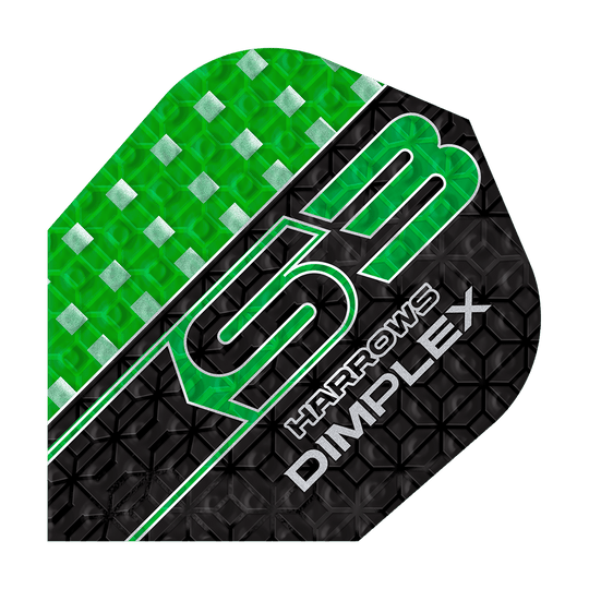 Harrows Dimplex S3 Flights - Groen Das Bild zeigt ein Harrows Dimplex S3 Dart Flight in grün und schwarz mit geometrischem Muster. Auf dem Flight steht "S3 Harrows Dimplex" in auffälliger Schrift.