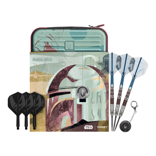 Target Star Wars Mandalorian 95 Swiss Point stalen dartpijlen Abgebildet sind Target Star Wars Mandalorian 95 Swiss Point Steeldarts. Diese Darts haben ein einzigartiges Mandalorian-Design.