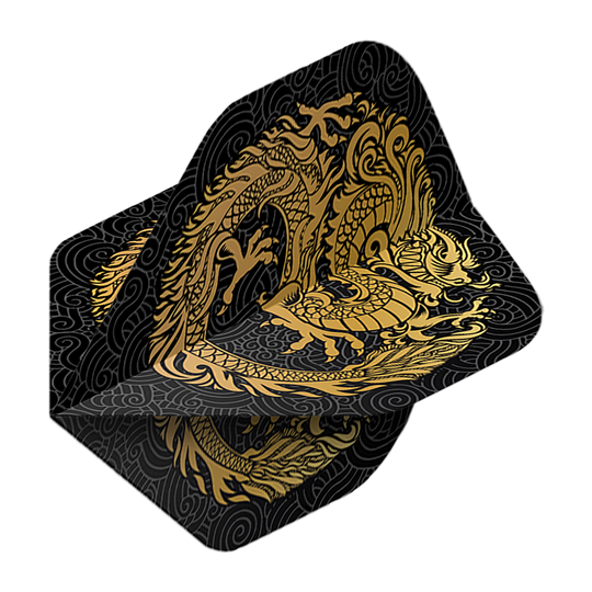 Pentathlon Vluchten Draak zwart Auf dem Bild ist ein Pentathlon Dragon 2 Standard Flight zu sehen. Das Flight ist schwarz und mit einem goldenen Drachen verziert.