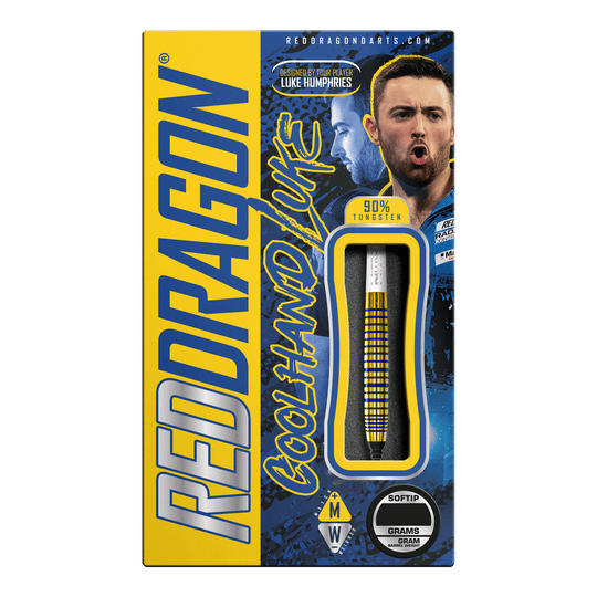 Red Dragon Luke Humphries TX3 Gold SE Softdarts - 20g Die Verpackung zeigt die "Red Dragon Luke Humphries TX3 Gold SE Softdarts - 20g". Auf der Box sind ein Dartpfeil, das Bild eines Spielers und auffällige gelbe und blaue Grafiken zu sehen.