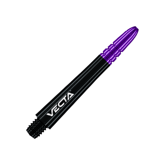 Dieser Dart-Schaft ist schwarz mit einem violetten oberen Ende. Auf dem Schaft steht das Wort "VECTA".