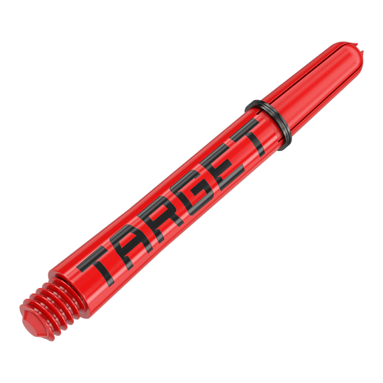 Das Bild zeigt einen roten Dartschafte mit der Aufschrift "TARGET" in schwarzen Buchstaben. Der Schaft hat ein Schraubgewinde und einen schwarzen Gummiring.