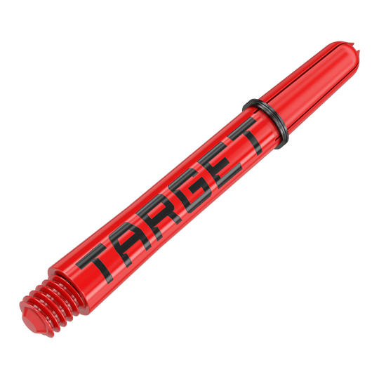 Target Pro Grip TAG Shafts - 3 sets - Rood Das Bild zeigt einen roten Dartschafte mit der Aufschrift "TARGET" in schwarzen Buchstaben. Der Schaft hat ein Schraubgewinde und einen schwarzen Gummiring.