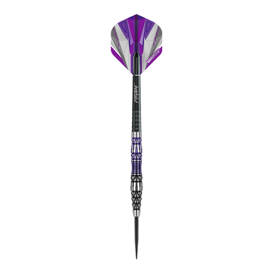 Winmau Simon Whitlock Special Edition 2020 stalen darts Das Bild zeigt den Winmau Simon Whitlock Special Edition 2020 Steeldart. Der Dart hat ein auffälliges Design mit lila, schwarzen und silbernen Akzenten.