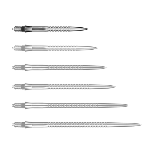 Das Bild zeigt eine silberne Dartspitze mit Rillen. Die Dartspitze ist 28 mm lang.