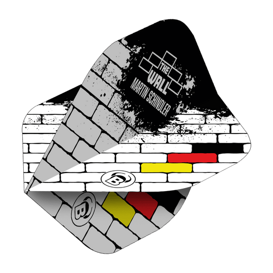 Bulls B-Star Martin Schindler White No2 Standaardvluchten Das Bild zeigt die Bulls B-Star Martin Schindler White No2 Standard Flights. Das Design erinnert an eine weiße Backsteinmauer mit den Farben der deutschen Flagge und dem Text "The Wall Martin Schindler".