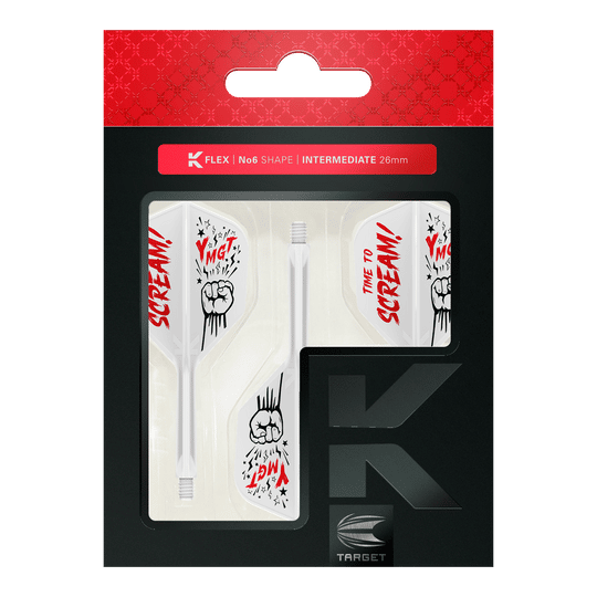 Das Bild zeigt das Produkt „Target Japan K-Flex Scream No6 Flight-Shaft-System“ in seiner Verpackung. Die Flights sind weiß mit roten und schwarzen Grafiken und dem Schriftzug „TIME TO SCREAM!“.