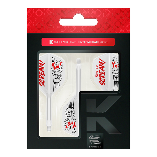 Target Japan K-Flex Scream No6 Flight Shaft-systeem Das Bild zeigt das Produkt „Target Japan K-Flex Scream No6 Flight-Shaft-System“ in seiner Verpackung. Die Flights sind weiß mit roten und schwarzen Grafiken und dem Schriftzug „TIME TO SCREAM!“.