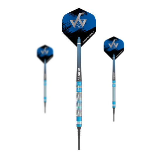 Bulls Jermaine Wattimena Generatie 3 Zachte Darts - 20g Das Bild zeigt die Bulls Jermaine Wattimena Generation 3 Softdarts mit einem Gewicht von 20g. Die Darts haben ein blau-silbernes Design mit schwarzen und blauen Flights.