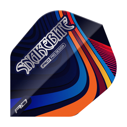 Das Bild zeigt ein Dart-Flight mit dem Aufdruck "Snakebite" und farbenfrohen, geschwungenen Linien. Das Design ist modern und hebt sich durch seine bunten Muster hervor.