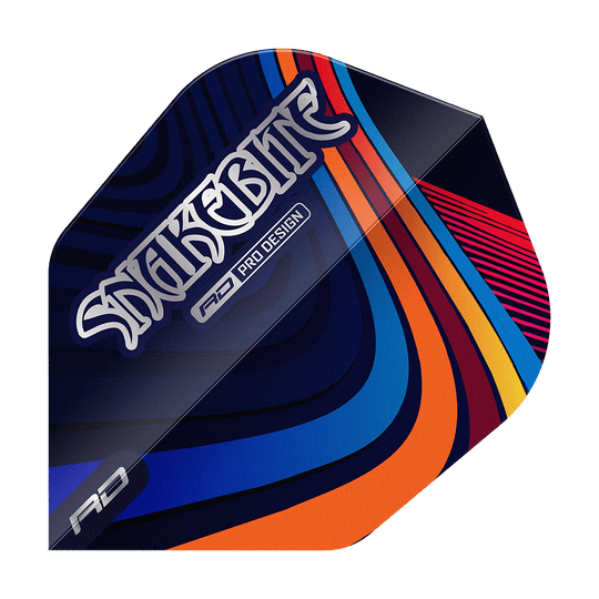 Red Dragon Peter Wright Snakebite Multi Swirl No6 Vluchten Das Bild zeigt ein Dart-Flight mit dem Aufdruck "Snakebite" und farbenfrohen, geschwungenen Linien. Das Design ist modern und hebt sich durch seine bunten Muster hervor.