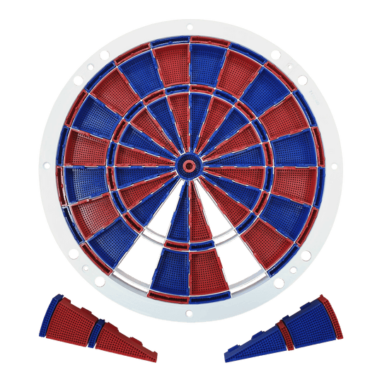 Löwen Dart reserveonderdelen 82 segment en spiderset Auf dem Bild ist ein Ersatzteil-Set für eine elektronische Dartscheibe zu sehen. Die Segmente sind abwechselnd rot und blau gefärbt und werden von einem weißen Rahmen gehalten.