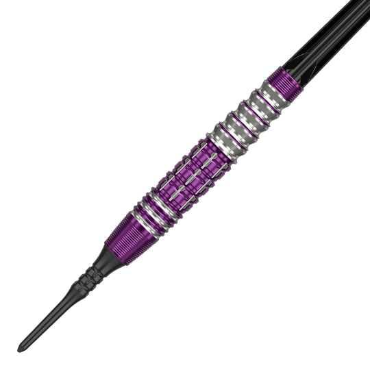 Das Bild zeigt einen Softdart aus der Serie 'Target Japan Prime Series Tung Suk Zenith GEN1' mit einem Gewicht von 19 Gramm. Der Dart hat ein auffälliges Design mit lila und silbernen Akzenten.