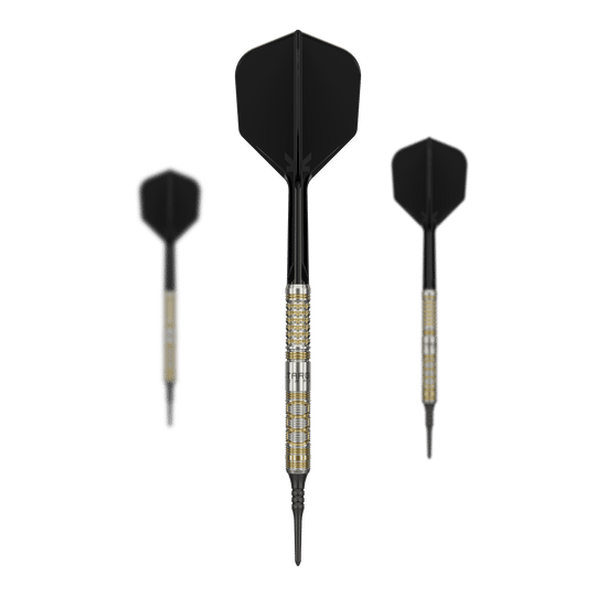 Das Bild zeigt drei Softdarts des Modells "Target Japan Black Marque Reyn GEN2" mit einem Gewicht von 17,5g. Die Darts haben schwarze Flights und einen metallisch gold-silbernen Schaft.