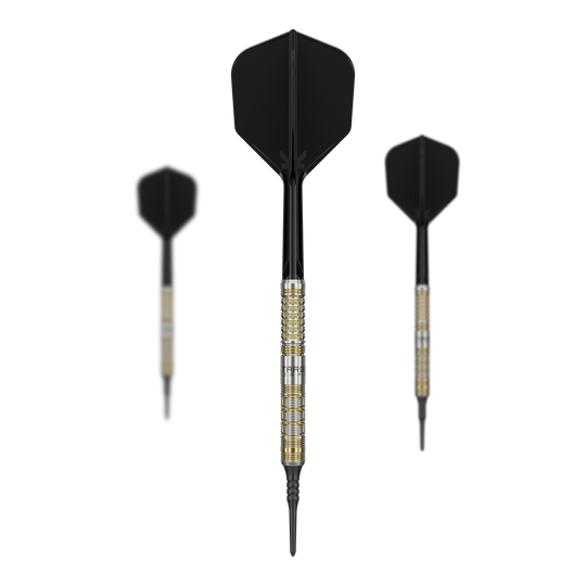 Target Japan Black Marque Reyn GEN2 Soft Darts - 17,5 g Das Bild zeigt drei Softdarts des Modells "Target Japan Black Marque Reyn GEN2" mit einem Gewicht von 17,5g. Die Darts haben schwarze Flights und einen metallisch gold-silbernen Schaft.