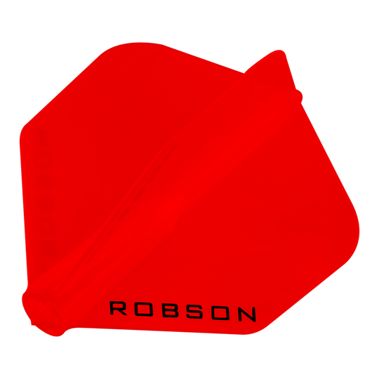 Robson Plus No6 Flights Das Bild zeigt einen roten Dartflight mit der Aufschrift "ROBSON". Der Flight hat eine sechseckige Form und ist komplett rot gefärbt.