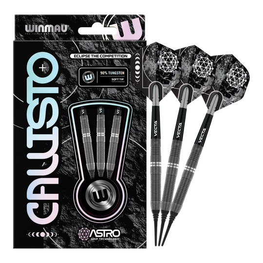 Das Bild zeigt die Winmau Callisto 03 Softdarts mit einem Gewicht von 20g. Die Verpackung enthält drei schwarze Softdarts mit auffälligen Flights und dem Hinweis auf 90% Tungsten.