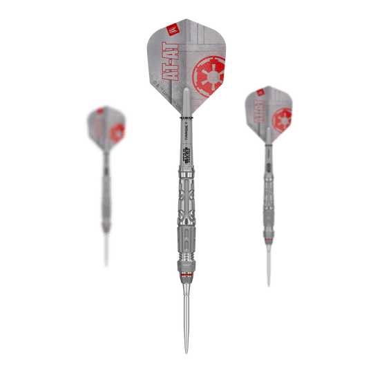 Target Star Wars AT-AT Swiss Point stalen dartpijlen Auf dem Bild ist das Produkt Target Star Wars AT-AT Swiss Point Steeldarts im Set zu sehen. Es zeigt die Zusammenstellung der Dartpfeile in ihrer Verpackung.