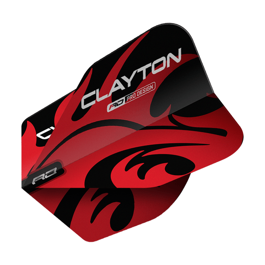 Red Dragon Jonny Clayton Rood Zwart No6 Vluchten Das Bild zeigt ein Dart-Flight mit dem Produktnamen "Red Dragon Jonny Clayton Red Black No6 Flights". Das Flight ist rot und schwarz gestaltet und trägt den Schriftzug „CLAYTON“.