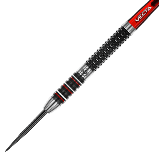 1491_Winmau_Florian_Hempel_Steeldarts_2 Dies ist ein Steeldart mit einer Metallspitze und einem strukturierten Griffbereich. Der Schaft ist überwiegend schwarz und silber mit roten Akzenten und der Aufschrift „VECTA“.