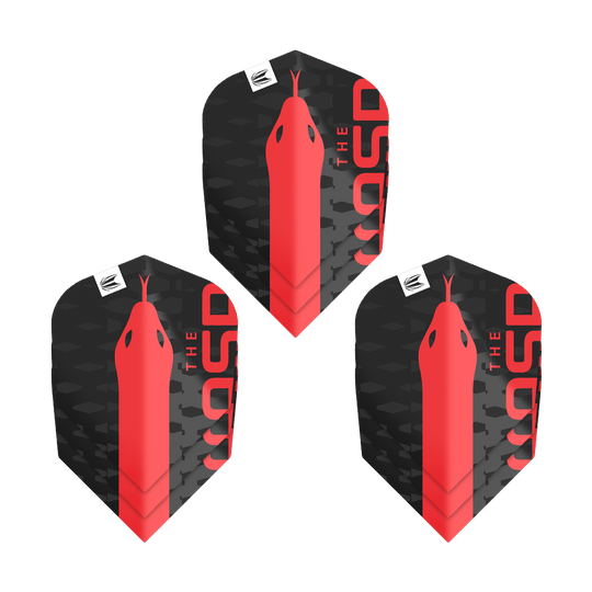 Target Pro Ultra Nathan Aspinall No6 Vluchten - 3 Sets Das Bild zeigt drei Sets der Target Pro Ultra Nathan Aspinall No6 Flights. Die Flights sind schwarz mit einem roten Schlangenmuster und dem Schriftzug "THE ASP".