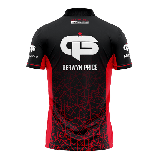 Red Dragon Gerwyn Price Rood Tour-polodartshirt Dies ist ein schwarzes und rotes Dartshirt mit dem Namen "Gerwyn Price" auf dem Rücken. Auf dem Shirt befindet sich ein großes weißes Logo und geometrische rote Muster.