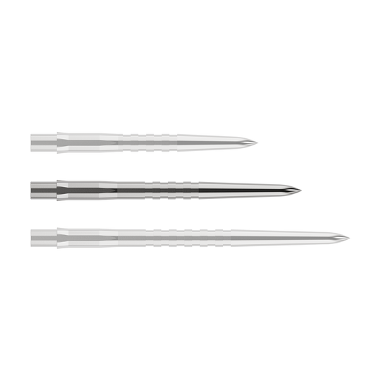 Mission Caliburn EVO dartpunten - gegroefd - zilver Auf dem Bild sind drei silberne, gerillte Stahlspitzen für Dartpfeile zu sehen. Sie liegen waagerecht und parallel zueinander vor weißem Hintergrund.