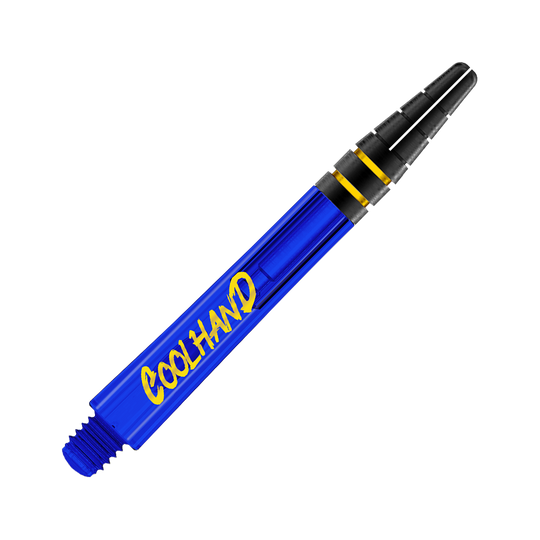 Red Dragon Nitrotech Luke Humphries Coolhand Shafts - Blauw Das Bild zeigt einen blauen Dart-Schaft mit der gelben Aufschrift "COOLHAND". Der obere Teil des Schafts ist schwarz mit zwei goldenen Ringen.