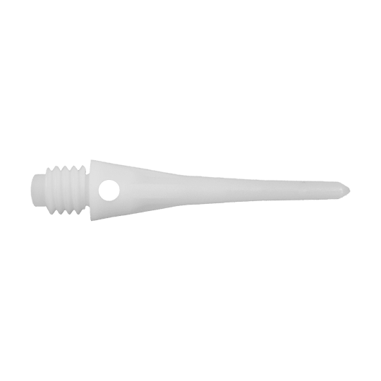 CO-00071_Condor_Tip_Zero-Stress_Softdartspitzen_Weiss_2 Das Bild zeigt eine weiße Softdartspitze mit Schraubgewinde und einem kleinen Loch an der Seite. Es handelt sich um die Condor Tip Zero-Stress 2BA Softdartspitzen aus dem 40er Pack.