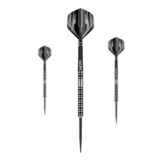 Red Dragon Dragonfly 3 Steeldarts Das Bild zeigt drei Steeldarts des Modells "Red Dragon Dragonfly 3". Die Darts haben ein schwarz-silbernes Design mit strukturiertem Griff.