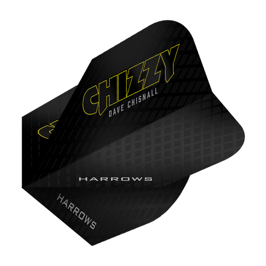 Harrow's Dave Chisnall Chizzy Serie 3 Vluchten Das Bild zeigt das Produkt „Harrows Dave Chisnall Chizzy Series 3 Flights“. Die Flights sind schwarz mit gelber Schrift und tragen den Namen „Chizzy“ sowie „Dave Chisnall“.