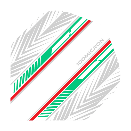 Pentathlon Flights wit/groen/rood Das Bild zeigt einen Pentathlon White Green Red No2 Standard Flight für Darts. Das Design besteht aus weißen, grünen und roten Streifen sowie grauen Pfeilmustern auf weißem Hintergrund.