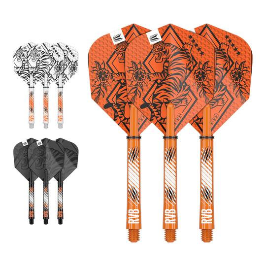 Auf dem Bild sind drei Sets von Dart-Flights und Schäften in den Farben Orange, Weiß und Schwarz zu sehen. Jedes Set ist mit einem Tiger-Design und den Initialen "RVB" verziert.