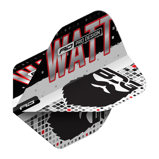 Red Dragon Hardcore Jason Watt BDG Premium No2 Standaardvluchten Das Bild zeigt die Red Dragon Hardcore Jason Watt BDG Premium No2 Standard Flights. Das Design ist in Schwarz, Weiß und Rot gehalten und trägt den Schriftzug "WATT" sowie eine stilisierte Grafik.