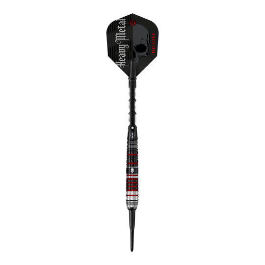 Das Bild zeigt einen Harrows Ryan Searle Heavy Metal Series 2 Softdart. Der Dartpfeil hat ein auffälliges Design mit schwarzen, roten und silbernen Akzenten sowie der Aufschrift "Heavy Metal" auf dem Flight.